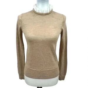 J. Crew Women's Heather Tan Merino Wool Lightweight Knit Antique Lace Collar Lon